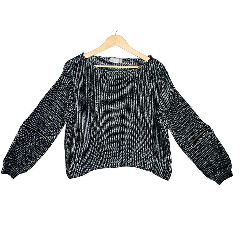 Rumor Boutique Womens Black White Knitted Long Zip Sleeve Semi Crop Sweater Sz M
